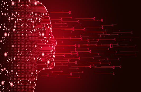 Human profile on a red digital landscape